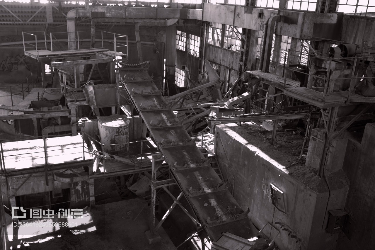 machinery destroyed in a coal mine abandoned after the war